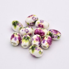 10pc Painted Violet Flower Pattern Porcelain Clay Beads Oval 10x8mm
