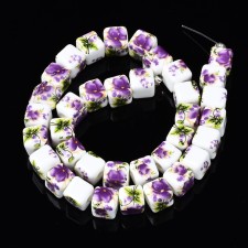 10pc Handmade Painted Purple Violet Flower Pattern Porcelain Clay Beads Cube 9x9x9mm Hole: 2.5mm