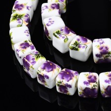 9mm Porcelain Cube Beads Medium Purple Violet Flower Pattern Square