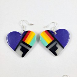 Resin Inlay Earring Pair Segmented Handmade Deep Purple Hearts