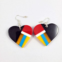 Resin Inlay Earring Pair Segmented Handmade Black and Red Hearts