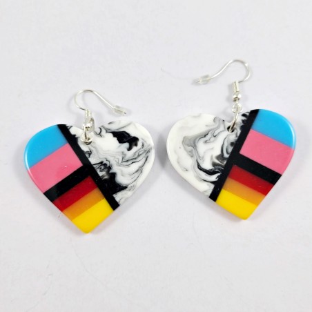 Resin Inlay Earring Pair Segmented Handmade White Marble Swirl Hearts