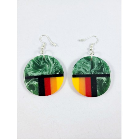 Resin Inlay Earring Pair Segmented Handmade Green Swirl Round 35mm