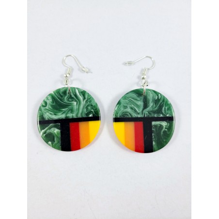 Native Slab Earring Pair Inlay Handmade Green Swirl Round 35mm