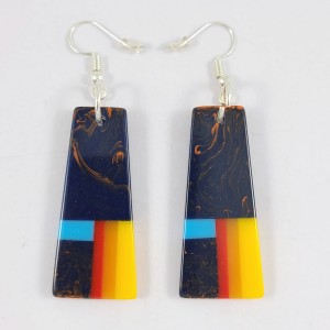 Resin Inlay Earring Pair Segmented Handmade Black Trapezoid