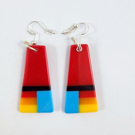 Resin Inlay Earring Pair Segmented Handmade Red Trapezoid