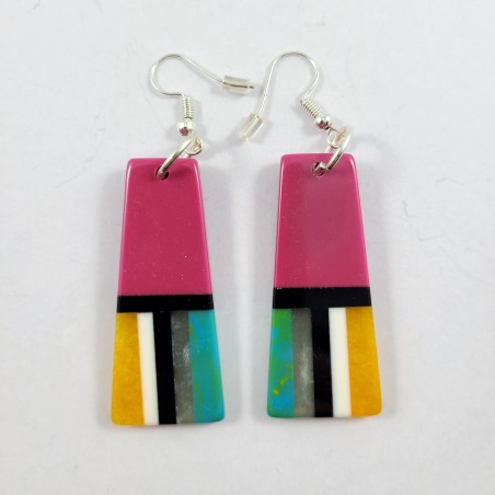 Native Slab Earring Pair Inlay Handmade Rose Trapezoid