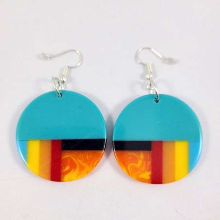 Resin Inlay Earring Pair Segmented Handmade Turquoise Green Round 35mm