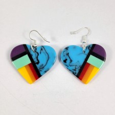 Native Slab Earring Pair Inlay Handmade Blue Swirl Hearts