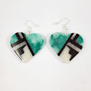 Resin Inlay Earring Pair Segmented Handmade Green Turquoise Swirl Hearts