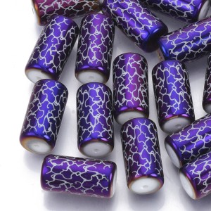 Electroplated Glass Vine Pattern Beads Barrel 10pc - Purple