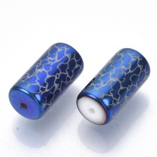 Electroplated Glass Vine Pattern Beads Barrel 20x10mm 10pc - Blue