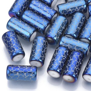 Electroplated Glass Vine Pattern Beads Barrel 20x10mm 10pc - Blue