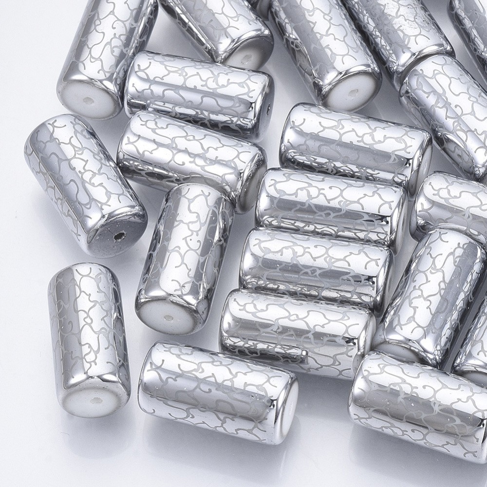 Electroplated Glass Vine Pattern Beads Barrel 20x10mm 10pc - Silver Electroplated Glass Vine Pattern Beads Barrel 20x10mm 10pc - Silver