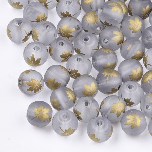 Electroplated Glass Maple Leaf Beads 8mm Round 20pc - Gold