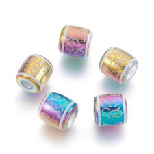 Electroplated Glass Vine Pattern Beads Barrel 12x11mm 10pc - Rainbow AB