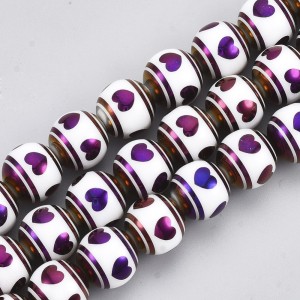 Electroplated Glass Printed Heart Beads 10mm Round 30pcs Strand Purple 