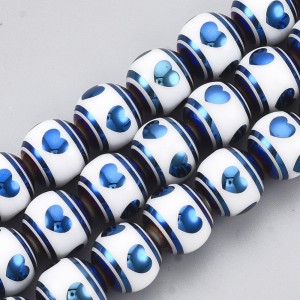 Electroplated Glass Printed Heart Beads 10mm Round 30pcs Strand Blue