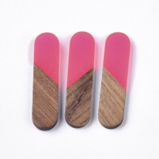 Transparent Resin & Walnut Wood Cabochons, Oval, Hot Pink 45x11x3~4mm