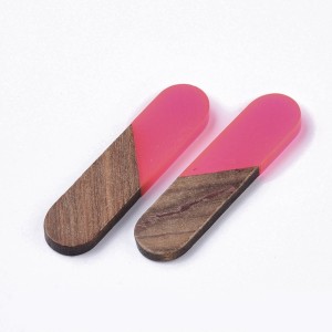Transparent Resin & Walnut Wood Cabochons, Oval, Hot Pink 45x11x3~4mm