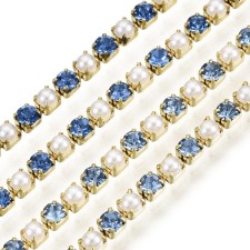 Rhinestone Metal Cup Chain SS6 - Alternating Pearl & Sapphire Glass Stone -1 Yd