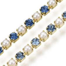 Rhinestone Metal Cup Chain SS6 - Alternating Pearl & Sapphire Glass Stone -1 Yd