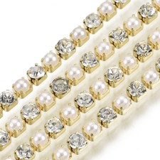 Rhinestone Metal Cup Chain SS6 - Alternating Pearl & Crystal Clear Glass Stone -1 Yd