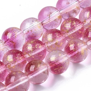 10mm Round Glass - Spray Painted Fuchsia Gold Foil - 15" Strand about 39-42pc