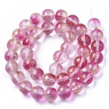 10mm Round Glass - Spray Painted Fuchsia Gold Foil - 15" Strand about 39-42pc