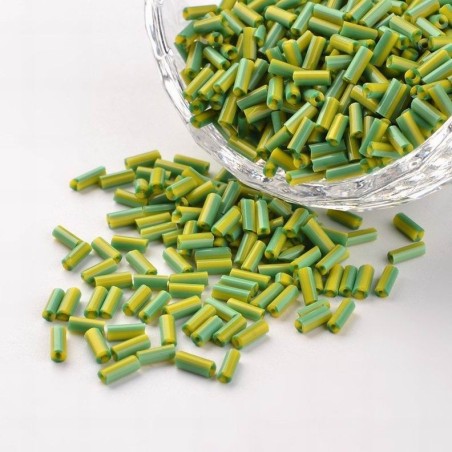 5mm Striped Glass Bugle Beads - Lawn Green / Yellow - 20grams