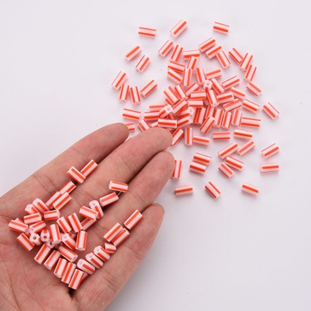 8-10mm Striped Glass Bugle Beads - Red - 20grams