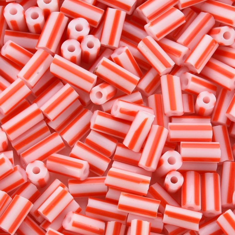 8-10mm Striped Glass Bugle Beads - Red - 20grams