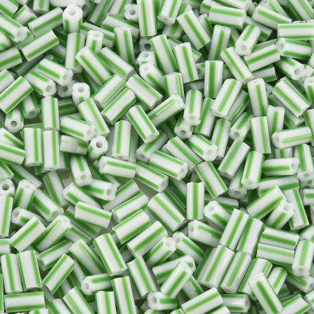8-10mm Striped Glass Bugle Beads - Green / White - 20grams
