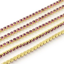 SS6 Rhinestone Cup Chain Gold Metal Chain with Rose Glass Stone - 1 Yd