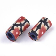 Handmade Polymer Clay Beads Red flower Pattern 12x7mm 20pcs