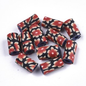 Handmade Polymer Clay Beads Red flower Pattern 12x7mm 20pcs