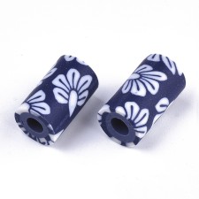 Handmade Polymer Clay Beads Blue flower Pattern 12x7mm 20pcs