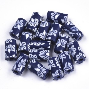 Handmade Polymer Clay Beads Blue flower Pattern 12x7mm 20pcs