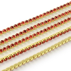 SS6 Rhinestone Cup Chain Gold Metal Chain with Red Glass Stone - 1 Yd