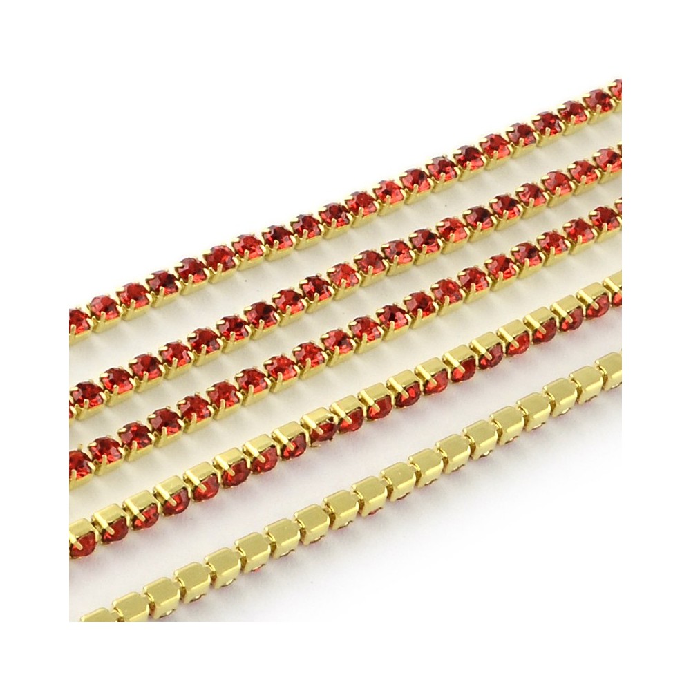 SS6 Rhinestone Cup Chain Gold Metal Chain with Red Glass Stone - 1 Yd
