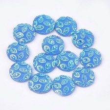 12mm Resin Cabochons, Flat Round with Flower, Blue 20pcs