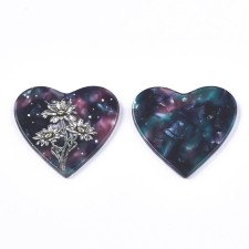Blue Heart Pendant Flatback with Daisy Flowers - 29x31mm - 2pcs