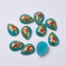 Hand Printed Rose Flowers on Turquoise Teardrop Cabochon Resin 18x13 - 4pcs