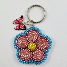 Beaded Key Chain Pink and Blue Flower with Butterfly Charm Native Beadwork