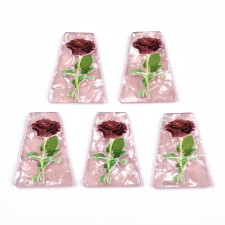 Pink Trapezoid with Red Rose Resin Pendants 32x24mm 2pcs