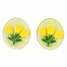 Yellow Tulip Flowers Resin Cabochon Pendant with Glitter 29x25mm 2pcs