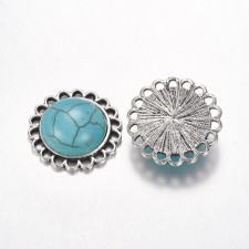 Alloy Dyed Synthetic Turquoise Cabochons, Flat Round, Antique Silver, 23x7.5mm 2pcs