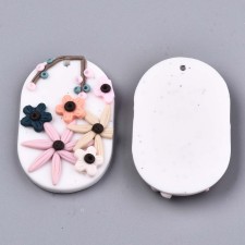 Handmade Polymer Clay Pendants, Oval with Flower, Floral White, 44x29mm