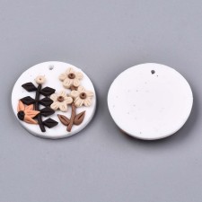 Handmade Polymer Clay Pendants, Round with Flower, Floral White, 33mm