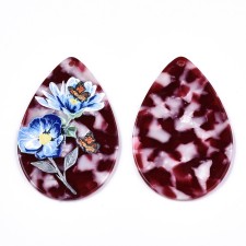 Teardrop Pendant with Blue Flower & Butterfly Pattern, 3D Printed,  Dark Red 54x34mm